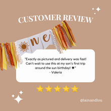 Load image into Gallery viewer, Lain & Lou First Trip Around the Sun ONE Banner – Boho You are My Sunshine Birthday Party Gender Neutral Boho Sunshine 1st Birthday Party Ideas Girl
