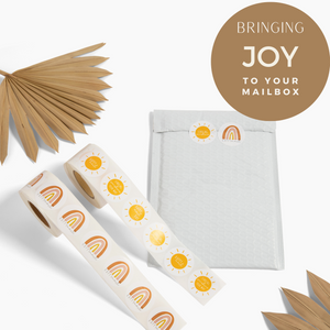 Lain & Lou Sending Sunshine Happy Mail Stickers | Yellow Boho Packaging Stickers | 4 Unique Designs