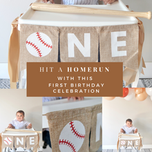 Load image into Gallery viewer, Lain &amp; Lou Rookie of the Year 1st Birthday Banner Neutral First Birthday Baseball Party Vintage Burlap Banner for High Chair ONE High Chair Banner Boy
