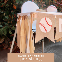 Load image into Gallery viewer, Lain &amp; Lou Rookie of the Year 1st Birthday Banner Neutral First Birthday Baseball Party Vintage Burlap Banner for High Chair ONE High Chair Banner Boy
