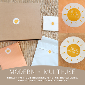 Lain & Lou Sending Sunshine Happy Mail Stickers | Yellow Boho Packaging Stickers | 4 Unique Designs