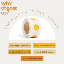 Load image into Gallery viewer, Lain &amp; Lou Sending Sunshine Happy Mail Stickers | Yellow Boho Packaging Stickers | 4 Unique Designs
