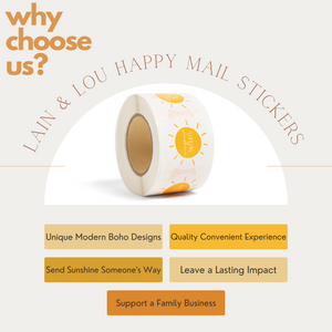 Lain & Lou Sending Sunshine Happy Mail Stickers | Yellow Boho Packaging Stickers | 4 Unique Designs