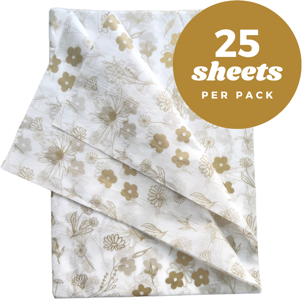Tissue Paper for Gift Bags (25 Pack) Gold Tissue Paper for Packaging White  - Floral Wrapping Paper